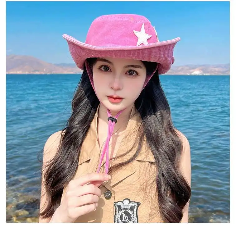 Hot Sale Punk Stars Bucket New Summer Y2K Star Pink Retro Big Brim Outdoors Sun Protection Girl Cowboy Hat Casual Jazz Cap_senzul.com