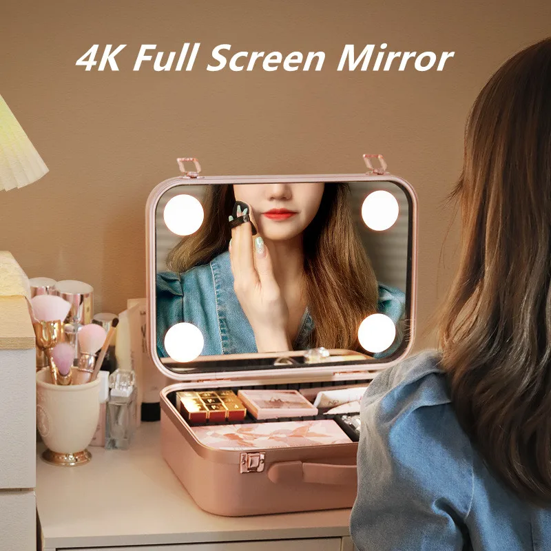 Large Capacity Cosmetic Bag with LED Mirror Skin Care Travel Storage Box Fashion Portable Portable Makeup Bags for Women