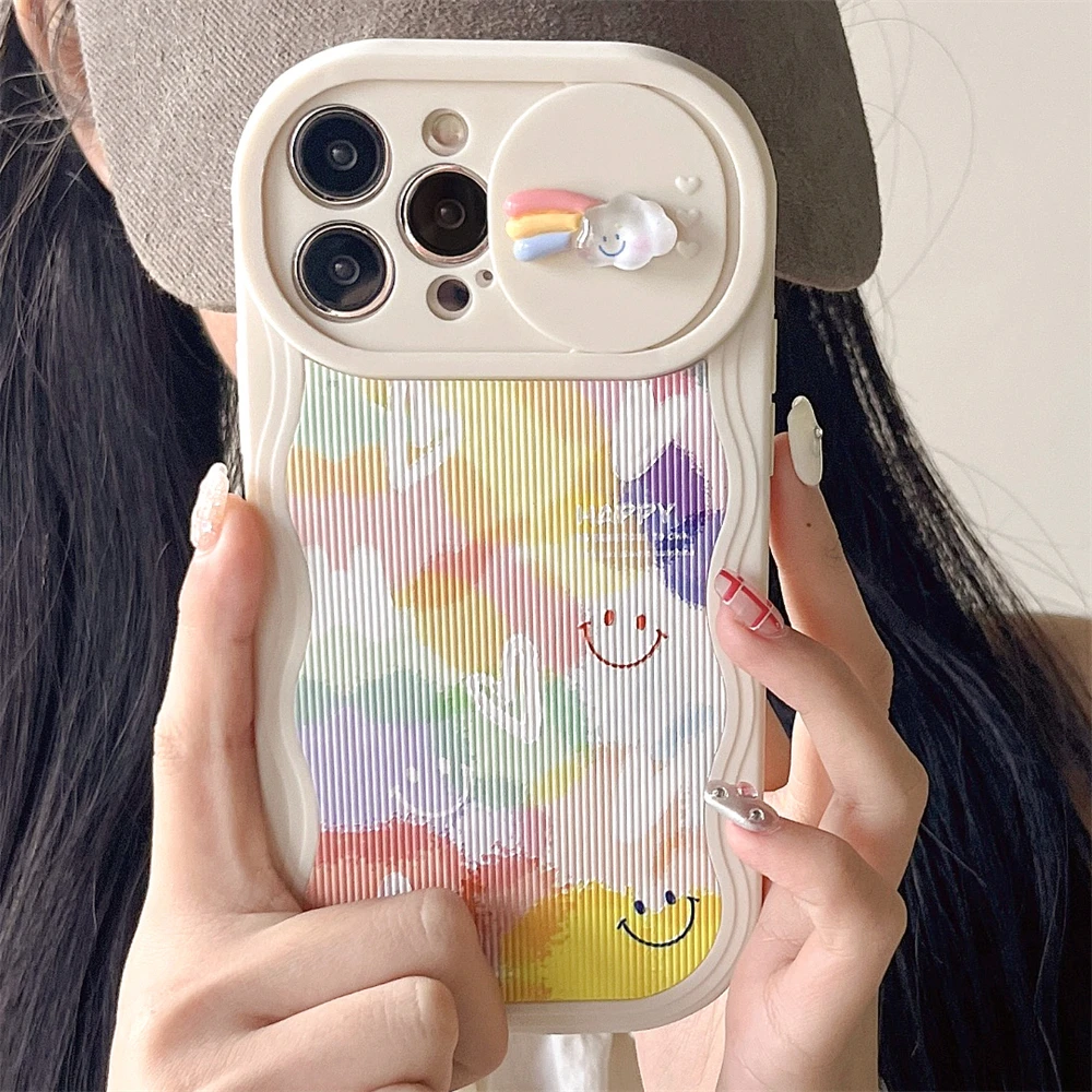 INS Wave Frame Cartoon Rainbow Star Push Window Lens Protective Soft Case  For iPhone 15 14 Pro Max 13 12 11 Mini Cute Back Cover