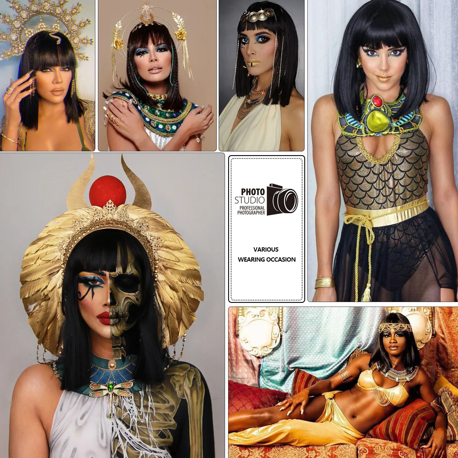 Fopytu Cleopatra Black Wig Anciente Egipto Cleopatra Pechera Para