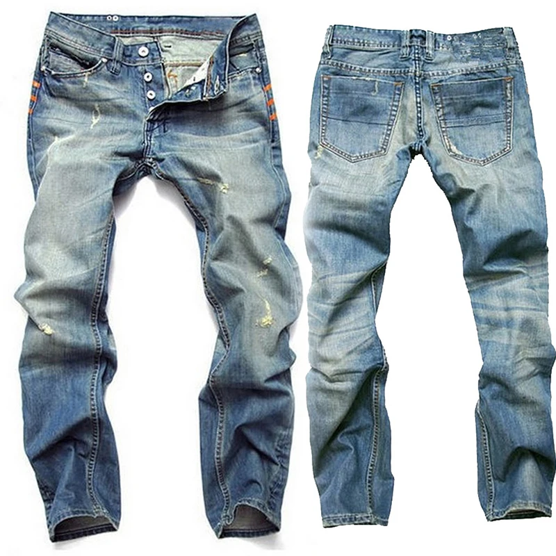 Ripped Jeans Ripped Patchwork Jeans Blue Straight Button Men's European And American Fashion Ripped Regular Fit Denim Jeans Nostalgic Jeans Large Size Four Season