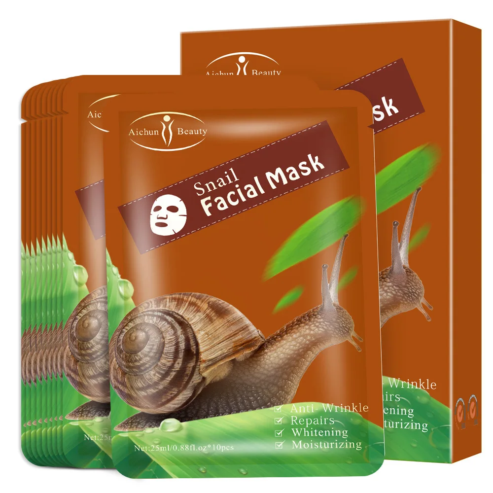 10pcs Snail Essence Facial Masks Face Care Masks Moisturizing Brightens Skin Anti-wrinkle Whitening Face Sheet Mask for Beauty