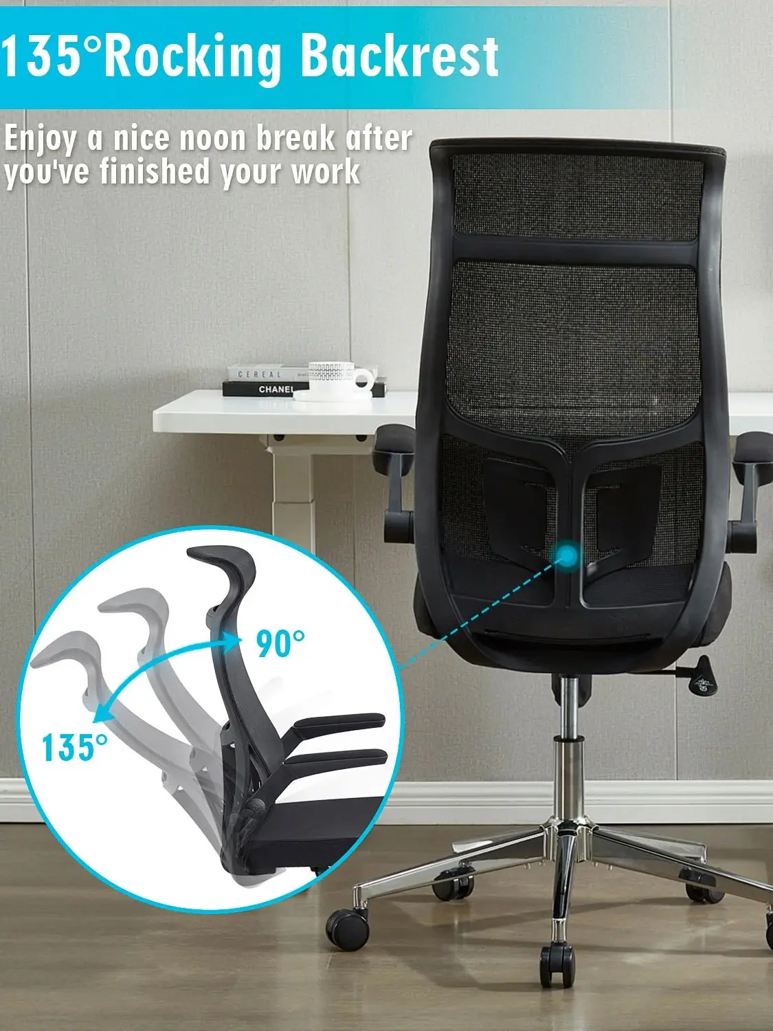 Ergonomic Home Office Chair, High Back Desk Chair - Fixed Headrest with Flip-Up Arms, Tilt Function, Lumbar Support and PU Wheel 6