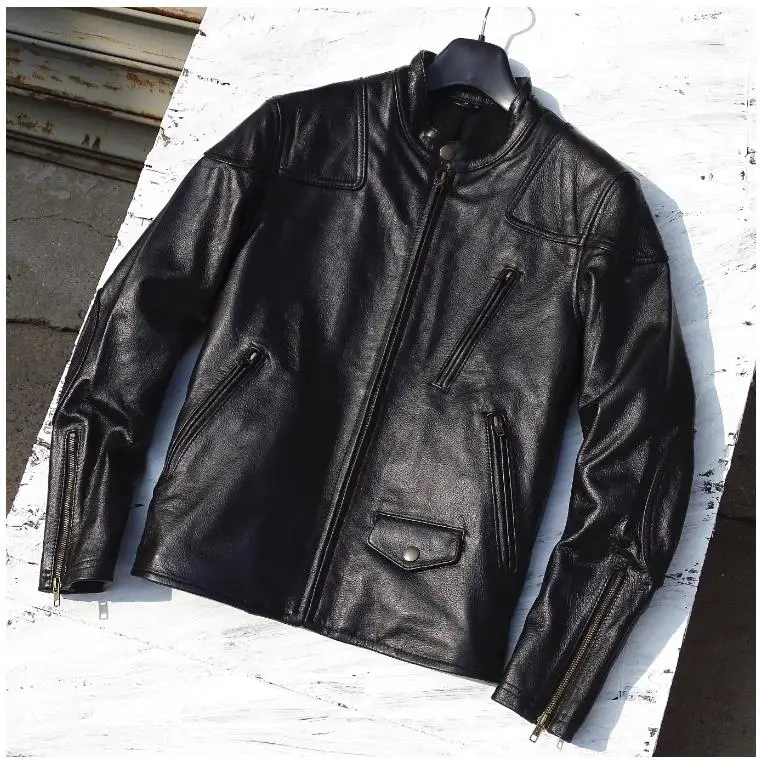 Spedizione Gratuita. Outlet Giacca In Pelle Naturale Da Uomo Nera.
