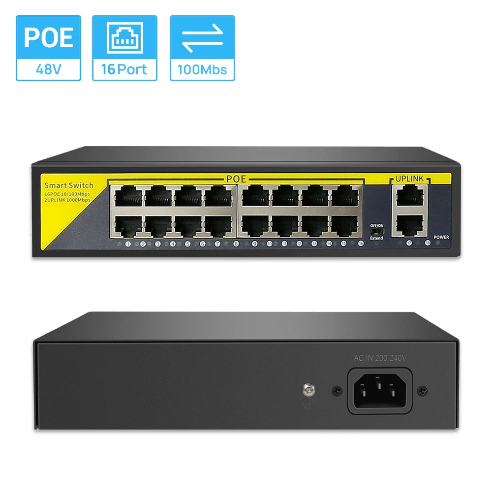 

POE Switch 16CH 2 Uplink Etherne Ports+16 POE Ports IEEE802.3af 10/100Mbps POE48V For IP Camera NVR CCTV Security System