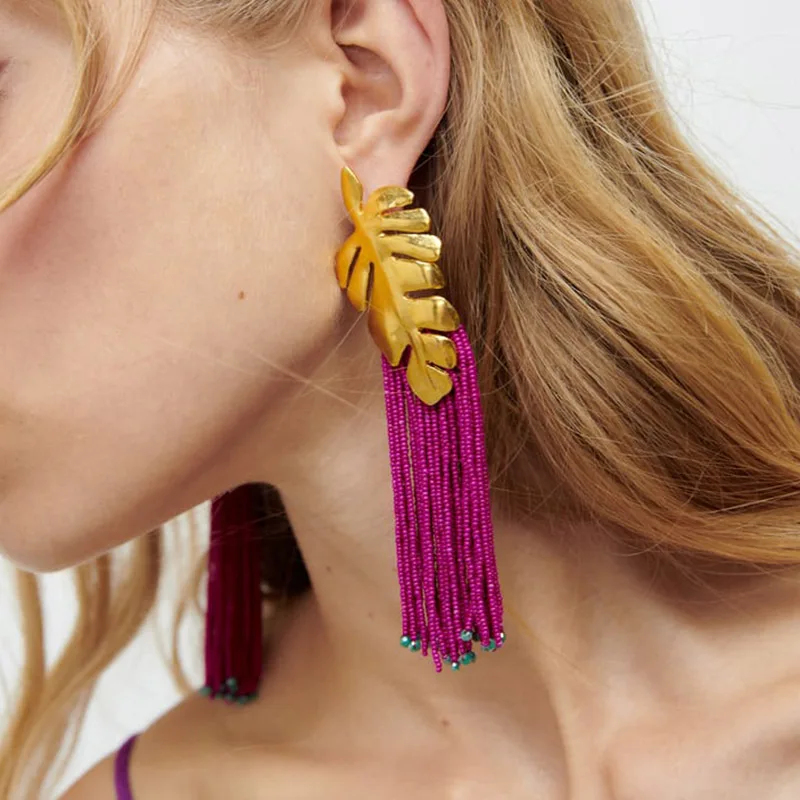 

European and American Creative Personality Long Woven Leaf Rice Bead Earrings Women's ins Simple Fashion Tassel Earrings Jewelry