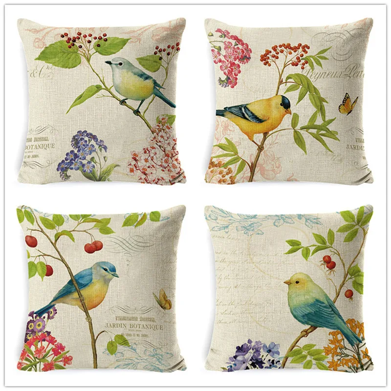 

Farm Bird Pillow Case Spring Flower Cotton Linen Cushion Cover Room Aesthetics 45x45 Pillowcase Decorative Sofa Bed Home Decor