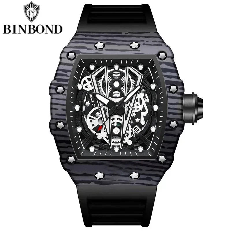 BINBOND Orologio da uomo di marca Orologio da barilotto prepotente Specchio curvo Superficie cava Orologio sportivo da uomo Orologio da polso al quarzo in silicone B8577