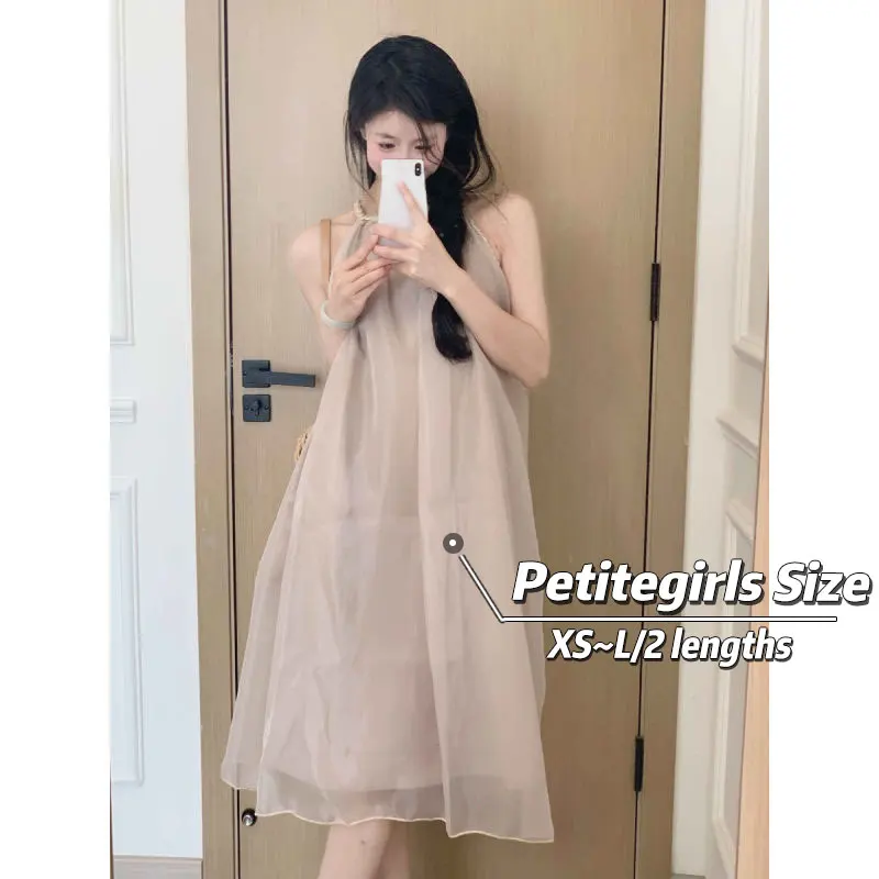 

150cm Petite girls Sleeveless Hanging Neck Strap Dress Women Summer Vacation Style Sexy Loose and Slim A-line Mid length Skirt