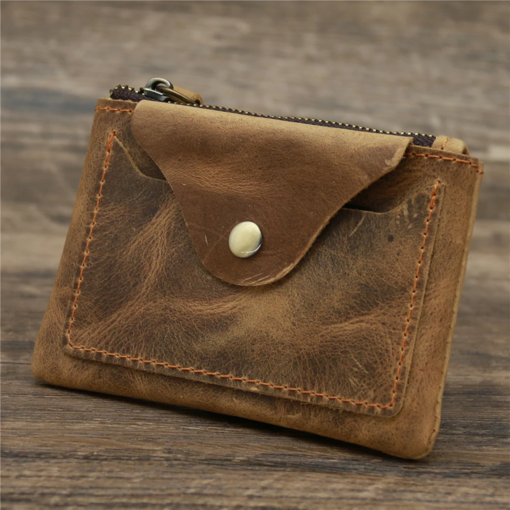 Monedero de cuero genuino Vintage hecho a mano para hombre y mujer, monedero informal con cremallera, tarjetero, carteras de de vaca|Monederos| - AliExpress