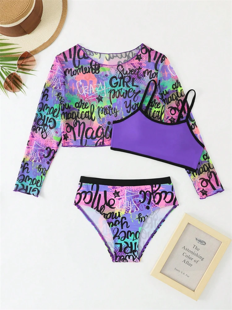 Kids Girls Swimsuit Sling Mesh Long Sleeve Children Bikinis Set Swimwear Summer Beach Bathing Suit