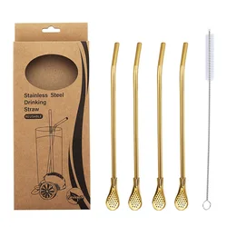 Eco-Friendly Stainless Steel Drinking Straws with Cleaning Brush (Golden)
