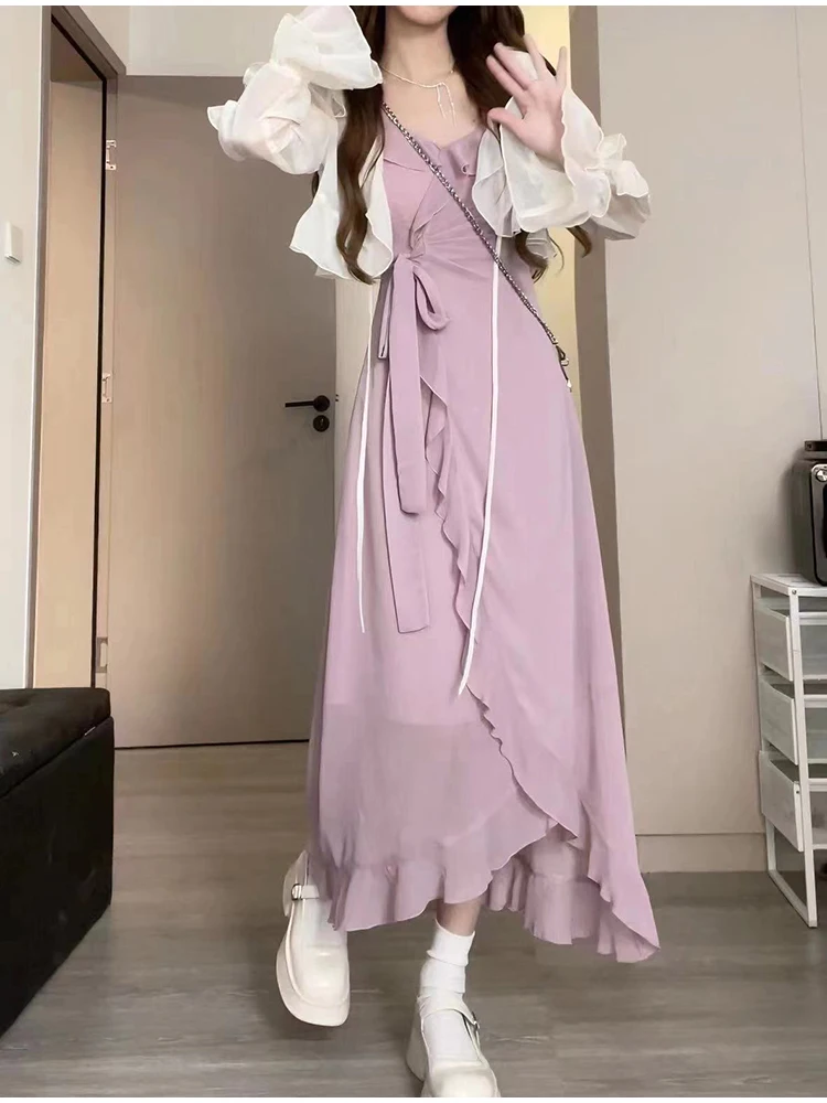 

Sweet Girl Ruffled Cardigan + V-neck Slip Dress Two-piece Set 2023 Summer Korean Fashion A-LINE Dress Birthday Dresses for Women