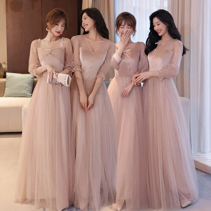 

Bridesmaid Dresses V-Neck Empire Half Sleeves Sequins A-Line Elegant Simple Floor-Length New Pink Lady Formal Party Gown E1161