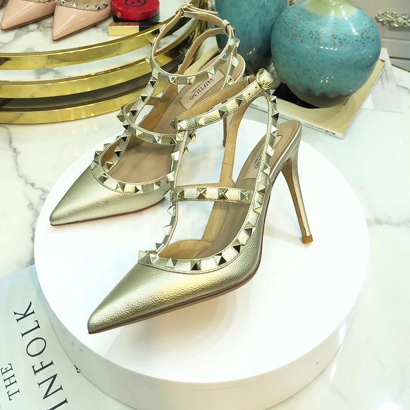 2024 Genuine Leather Rivet Fashion Classic High Heels Summer Black Slim High Heel Sandals Pointed Women's Party Wedding Pumps 41