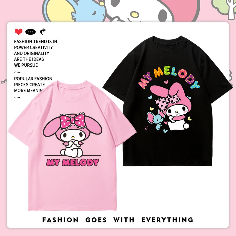 

2023 New Sanrio My Melody Kuromi T-Shirt Girls Sweet and Cute Cartoon Print Summer Cotton Short-Sleeved Childrens Tops