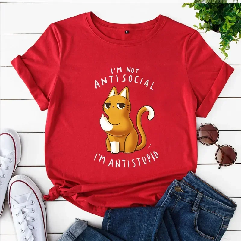 Casual Tees Ladies I'm Not Antisocial I 'm Antistupid Aesthetic Trend Summer Female Clothes Tshirt Tops Women Cat Cartoon Tshirt 2