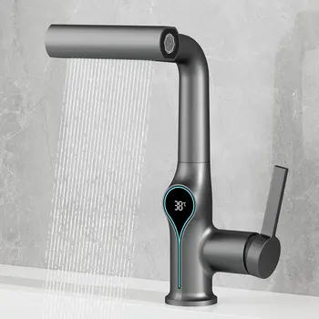 ก๊อกน้ำอเนกประสงค์แบบน้ำตก 4 โหมด พร้อมหัวฉีดแบบดึงออกได้ สำหรับห้องน้ำและห้องครัว พร้อมหน้าจอ LED อัจฉริยะ 1