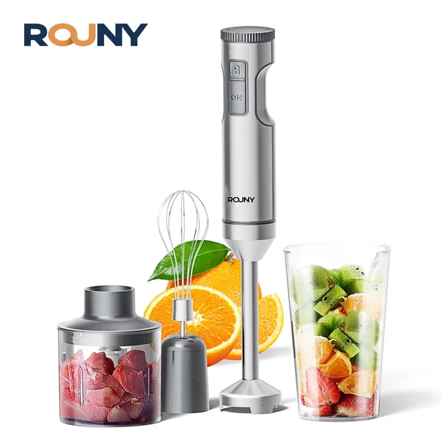 Mélangeur à Immersion manuel 4 en 1, mélangeur alimentaire puissant en acier inoxydable, bécher de mélange de 700 ml, processeur 500 ml, fouet 1