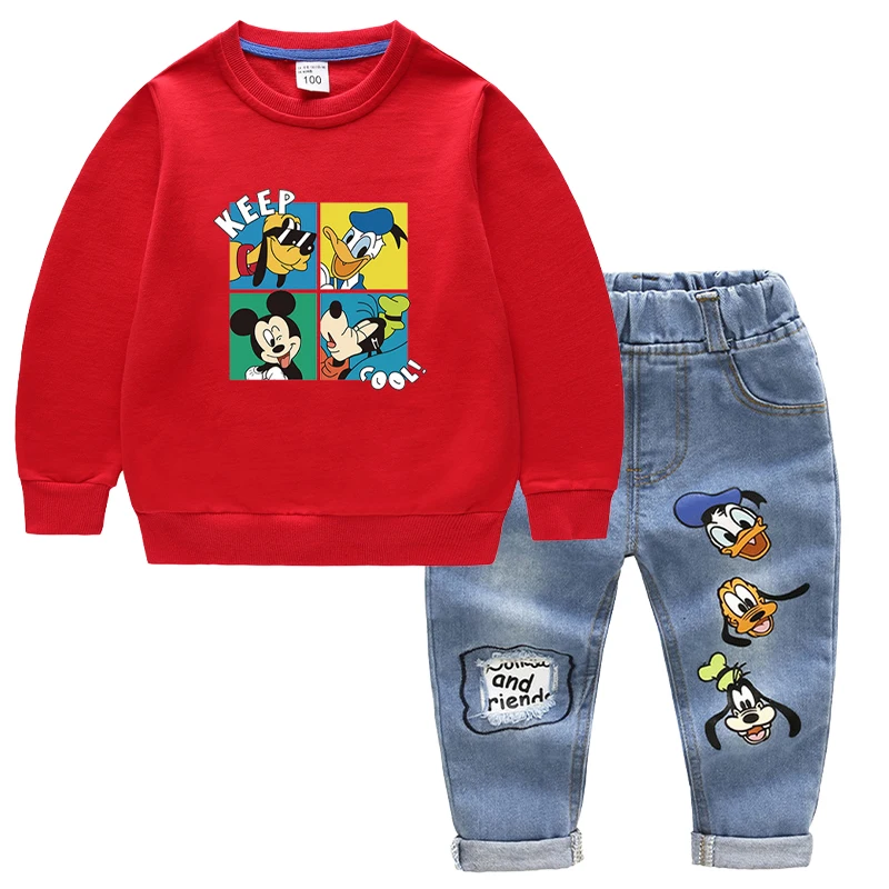 Mode Baby Jongens Katoenen Kleding Sets Kids Cartoon Mickey Mouse Lange Mouw Tops + Jeans Broek 2 Stuks Voor Kinderen Trainingspakken