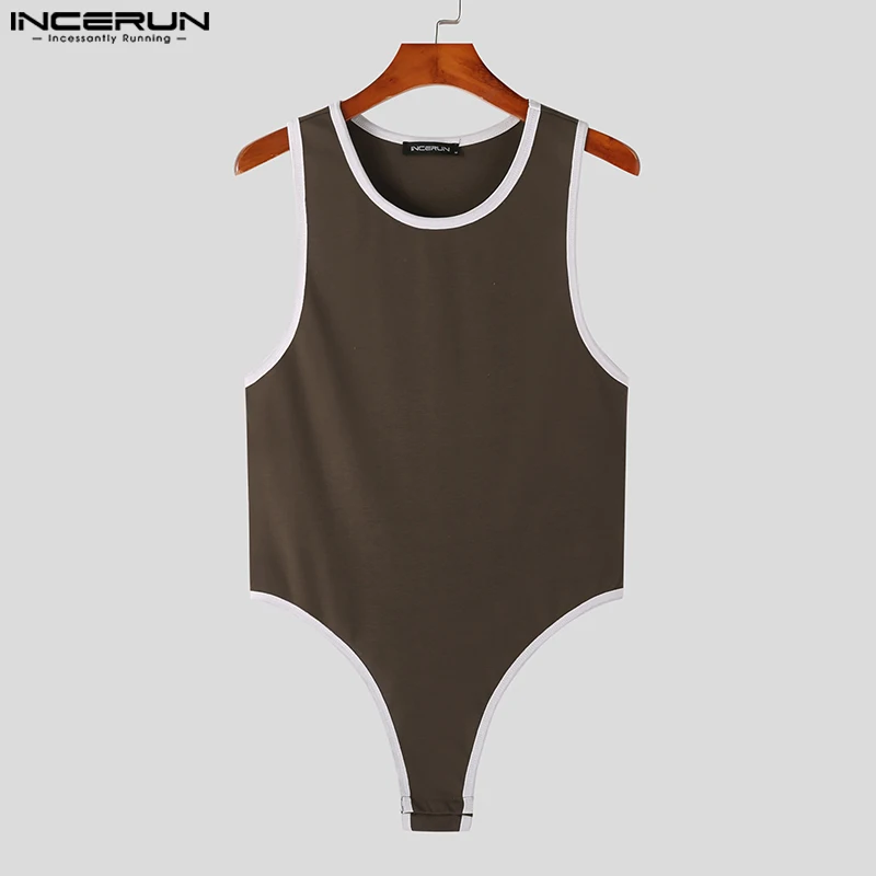 INCERUN Men Bodysuits Patchwork Skinny Sexy Round Neck Sleeveless Men Rompers Tank Tops 2023 Pajamas Summer Male Bodysuit S-5XL