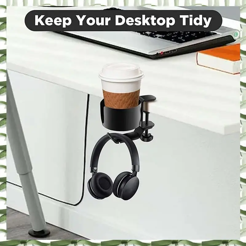 Professional Tool 2 In 1 Desk Cup Holder With Headphone Hanger Spill Resistant Cup Holder For Desktop Coffee Cup/Bottle/Earphone
