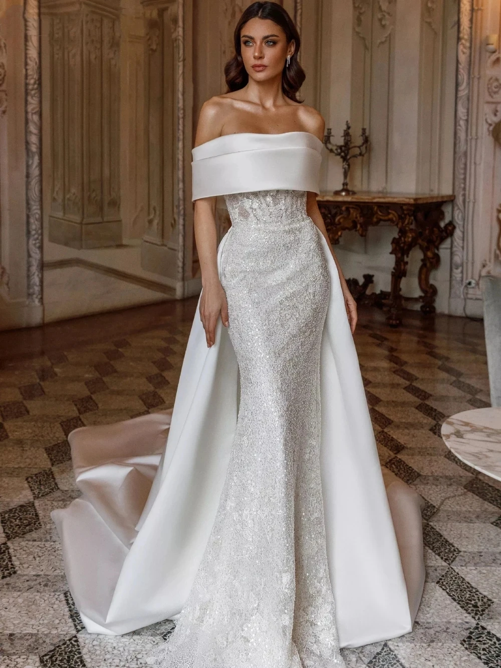 

Fashion Sequined Off the Shoulder Wedding Dresses Detachable Train Lace Up Mermaid Bridal Gowns Custom Made Vestidos De Novia