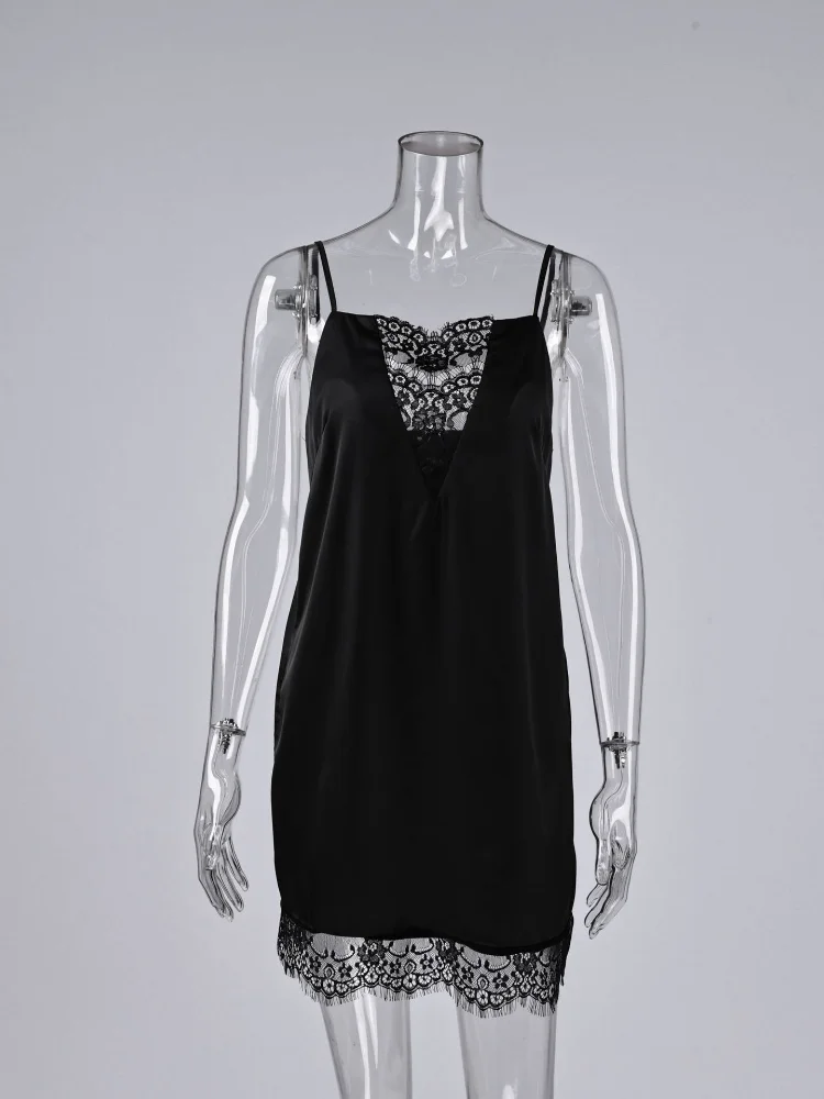 Damen Satin Slip Mini-Kleid mit Patchwork-Spitze, ärmellos, eckiger Ausschnitt, Freizeitkleid für Alltag und Party, modisch, sexy Vestidos 2026