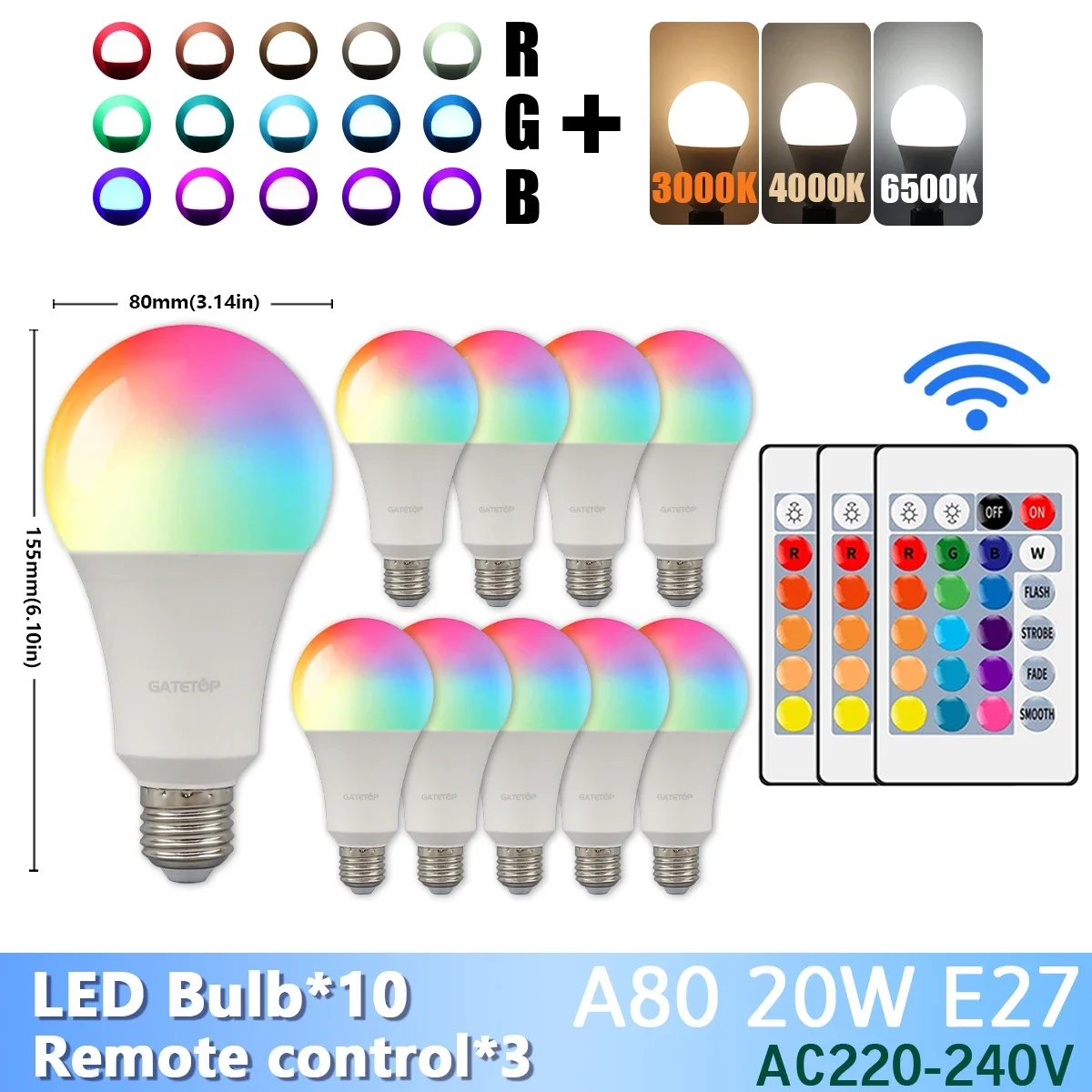 ตัวเลือกสินค้า หลอดไฟ LED ปรับสีได้ 24 คีย์ 20W 16 สี