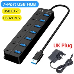 High - Speed 7 - Port USB3.0 Hub with Individual Switches and LED Indicators (With UK Plug)