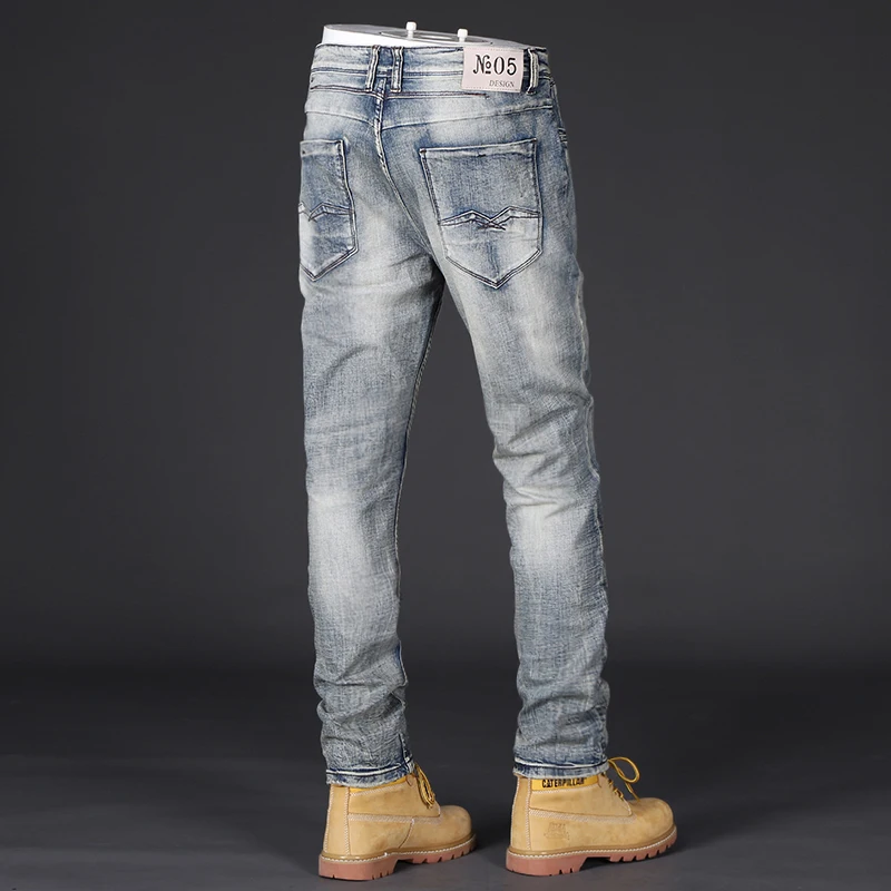 Fashion Designer Men Jeans High Quality Retro Washed Blue Stretch Slim Fit Ripped Jens Men Vintage Casual Denim Pants Hombre