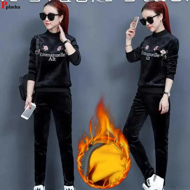

Embroidery Velvet 2 Pieces Sets Half High Collar Tops Winter Outfit Elestic Waist Casual Pants Suits Thick Plush Lined Ensembles