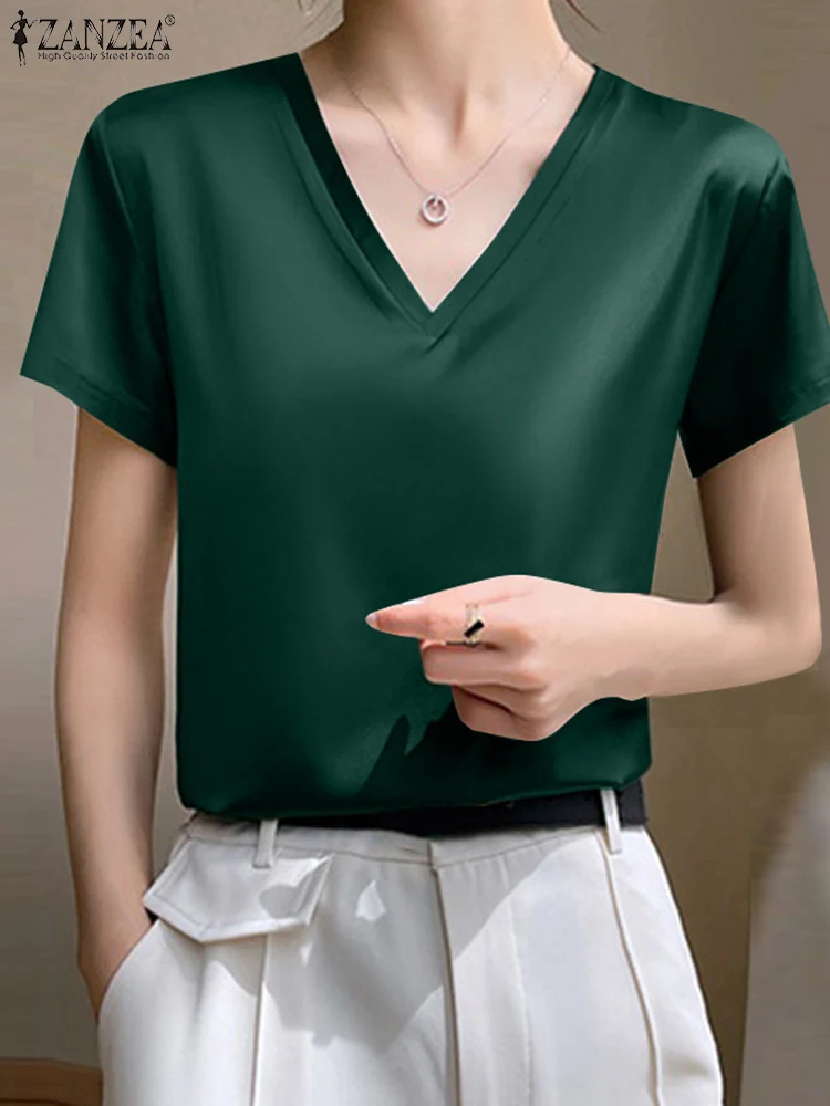 

Summer V Neck Short Sleeve Blouse 2023 ZANZEA Fashion Women Tops Elegant OL Work Shirt Femininas Party Blusas Satin Slik Chemise