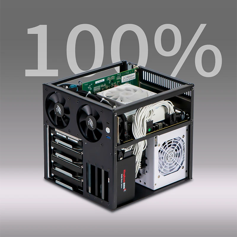 4베이 NAS 인클로저, MATX/ITX 마더보드 호환, SATA 백플레인, 3.5인치/2.5인치 드라이브 베이, SFX 파워 서플라이 지원