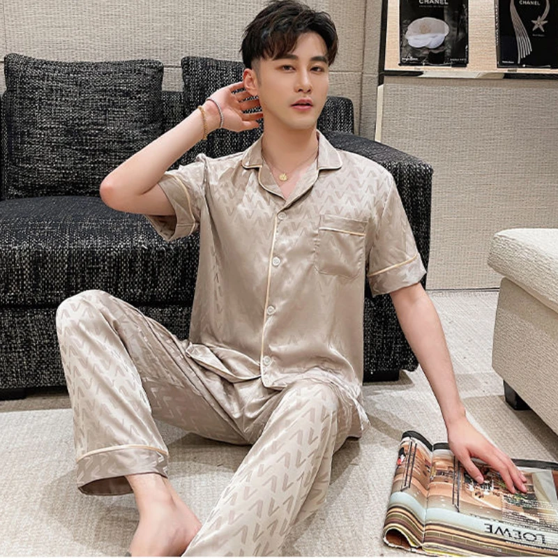 Ice Silk Pajamas Men Three Pieces Suit Short Sleeve Long Pants Shorts Sleepwear Summer Loungewear Luxury Brand Lounge Set