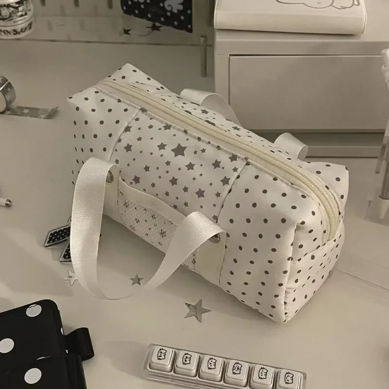 화이트 블루 컬러 스타 폴카 도트 토트 펜슬 케이스, 예쁜 키즈용 대용량 문구 정리함