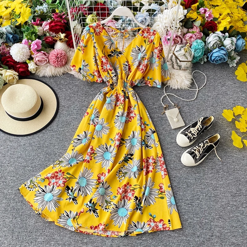 

2023 New Summer Print Floral Dress Women V-neck Party Chiffon Dress Trumpet Sleeve Bohemian Beach Dress Vestidos P779