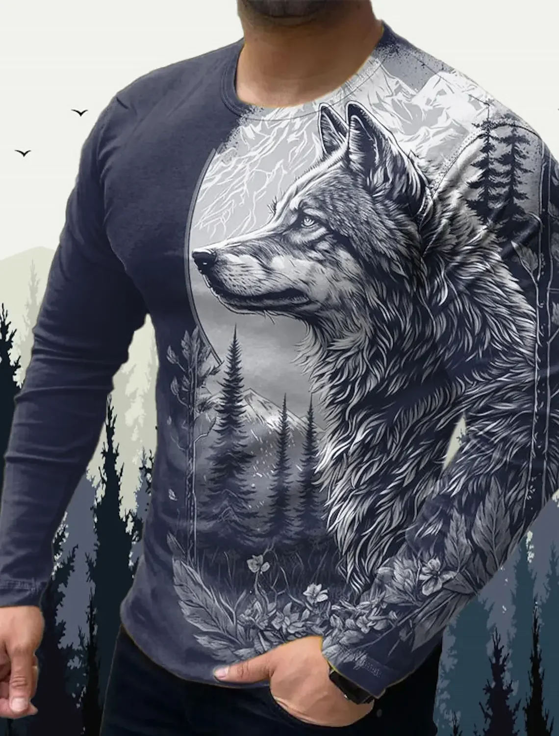 

Men's T Shirts Vintage Animal Wolf Long Sleeve Tops Autumn Sweatshirt Graphic Casual Hip Hop Fashion Clothing O-neck T-shirts