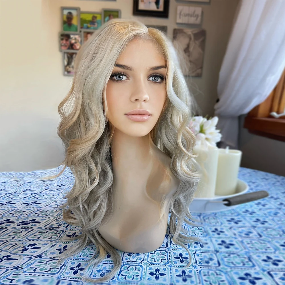 Heat Resistant Synthetic Wig Daily Wear/Party Wig Grey Blonde Lace Front Long Wavy HD Lace Human Hair Blend Custom