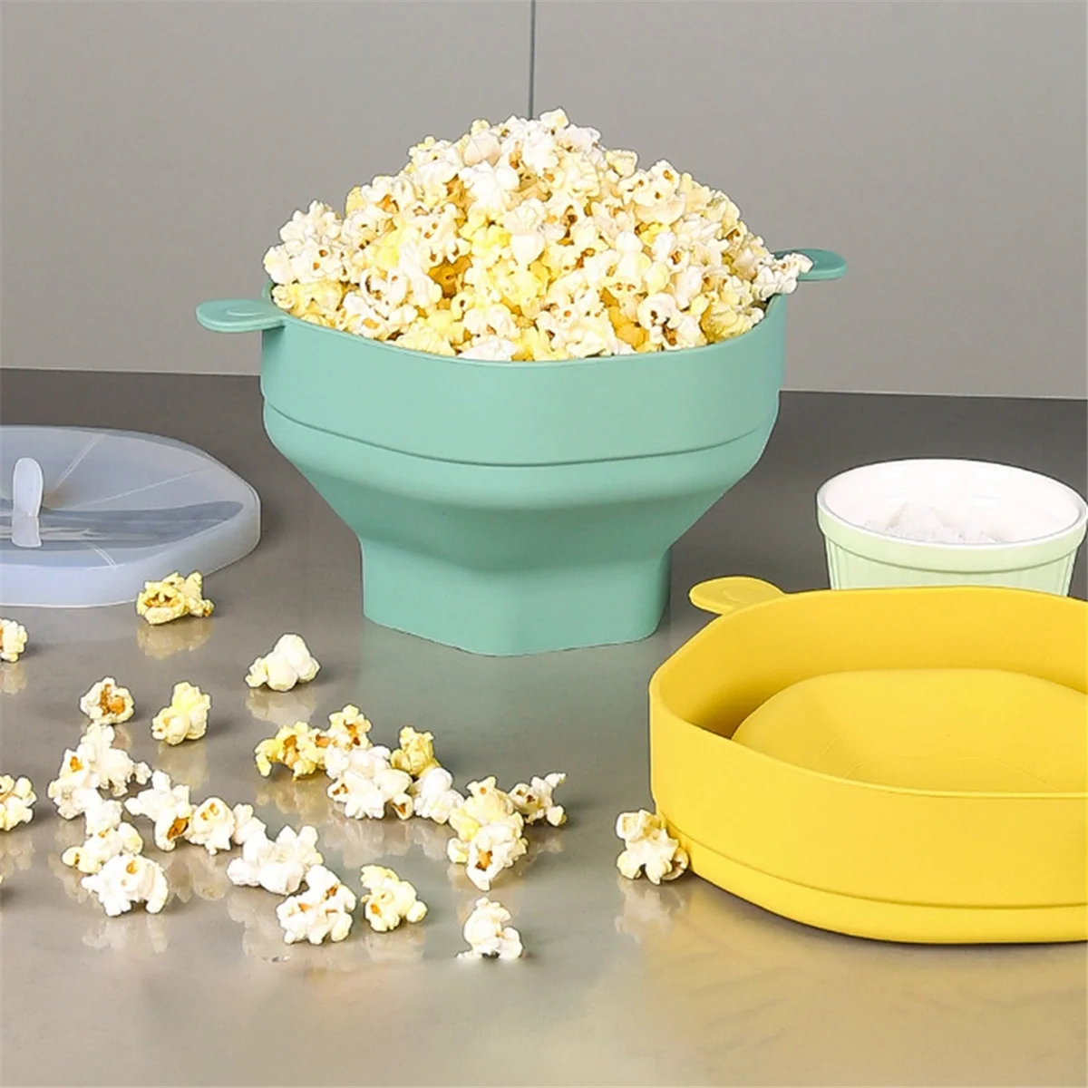 Silicone Microwave Popcorn Bowl Foldable Popcorn Maker Bucket Bowl with Lid Folding Kitchen Baking Tool Gray
