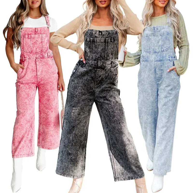 2024 New Fashion Women's Denim Retro Sleeveless Wide Leg Jumpsuit Casual Loose Pants with Pockets and Shoulder Straps YDL26