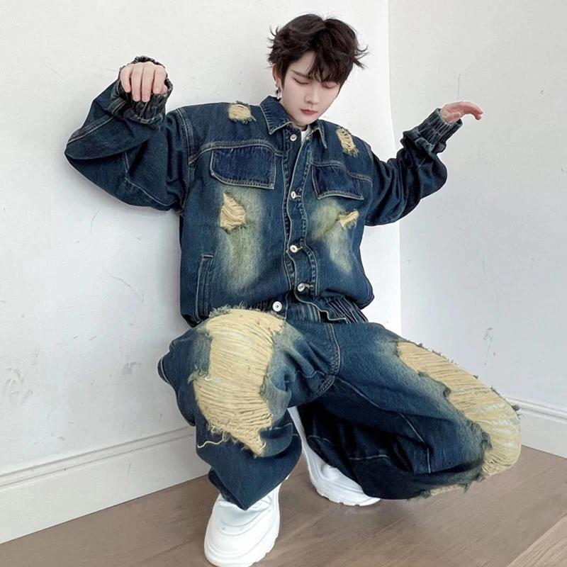 LUZHEN 2024 New Broken Hole Denim Trendy Men's Vintage Jacket Retro Patched Korean Baggy Jeans Streetwear Two-piece Sets 70309c