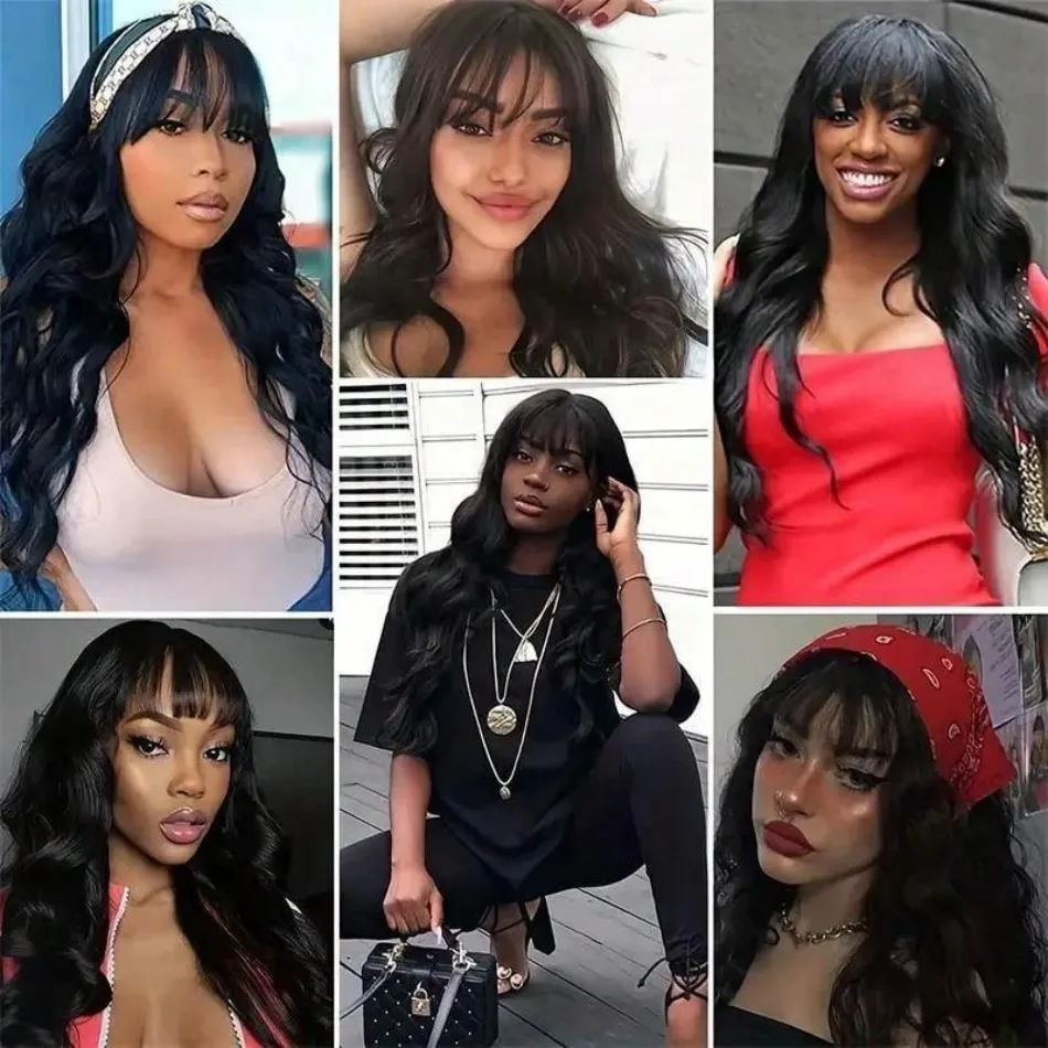 Body Wave Wig With Bangs 3x1 middle part lace wig Machine Made wig Human Hair 220 Density For Women Wear and Go Human Hair Wigs