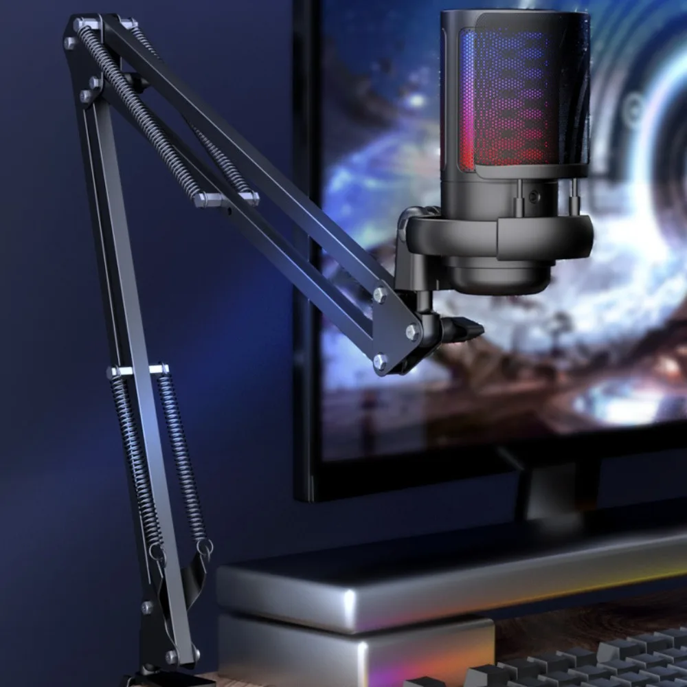 

Конденсаторный USB-микрофон с подставкой для ручки, профессиональный конденсаторный микрофон RGB с функцией шумоподавления и шарнирным рычагом