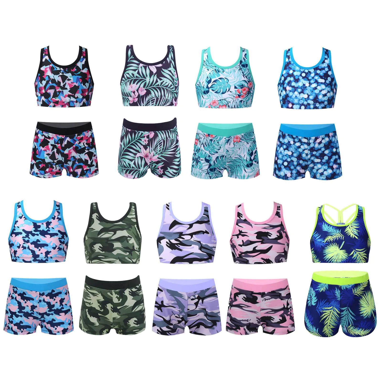 Kids Girls Two Pieces Tankini Swimsuit Set Crop Tank Top With Shorts Bottoms Track Suits for Gymnastics Yoga Dance Sports Swim