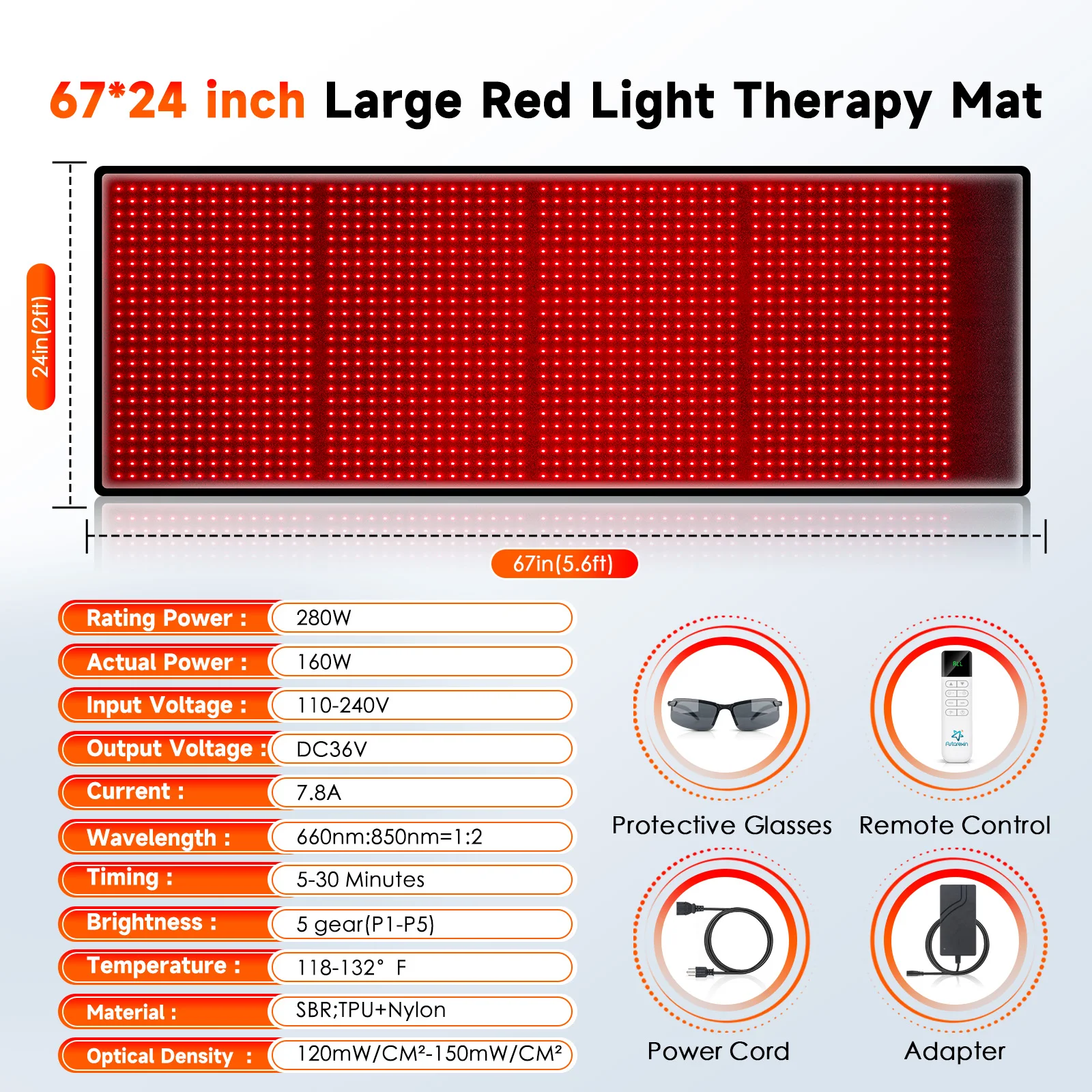 Red Light Mat 1440 LEDs Infrared Light Pad Blanket 850nm Near Infrared Device Large Pad For Body Pain Relief Power 95-160W
