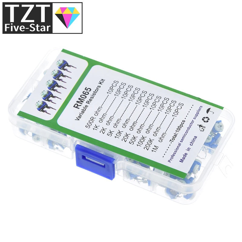 

100 шт./коробка, RM065, набор потенциометров с карбоновой пленкой, 10 значений, переменный резистор 500R - 1M