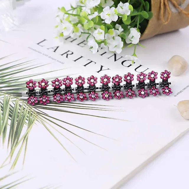 ncmama 12pcs/set Mini Rhinestone No-Slip Grips Hair Clips for Women Girls Glitter Teeth Metal Clamps Flower Hair Accessories 10