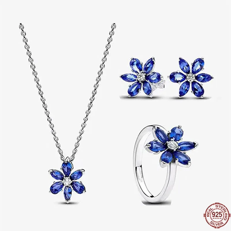 

New Blue Snowflake Series Shining Gemstone Women's Ring Necklace Bracelet Fit Original Design Exquisite Jewelry Set