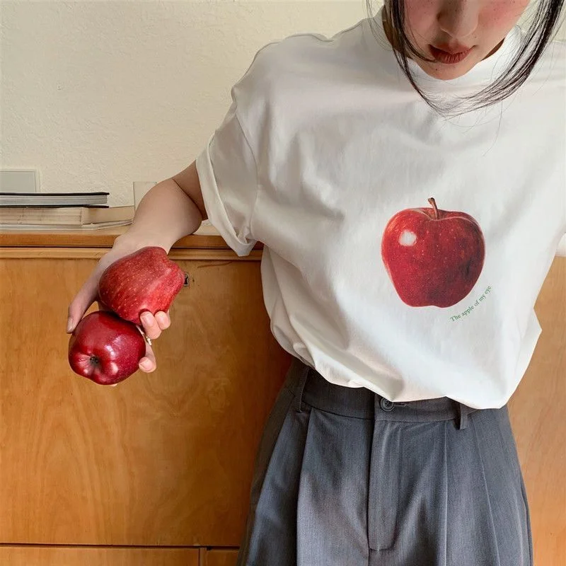 

Korean new style fruit print T-shirt women round neck short sleeved loose French loose casual niche versatile tops T-shirt trend